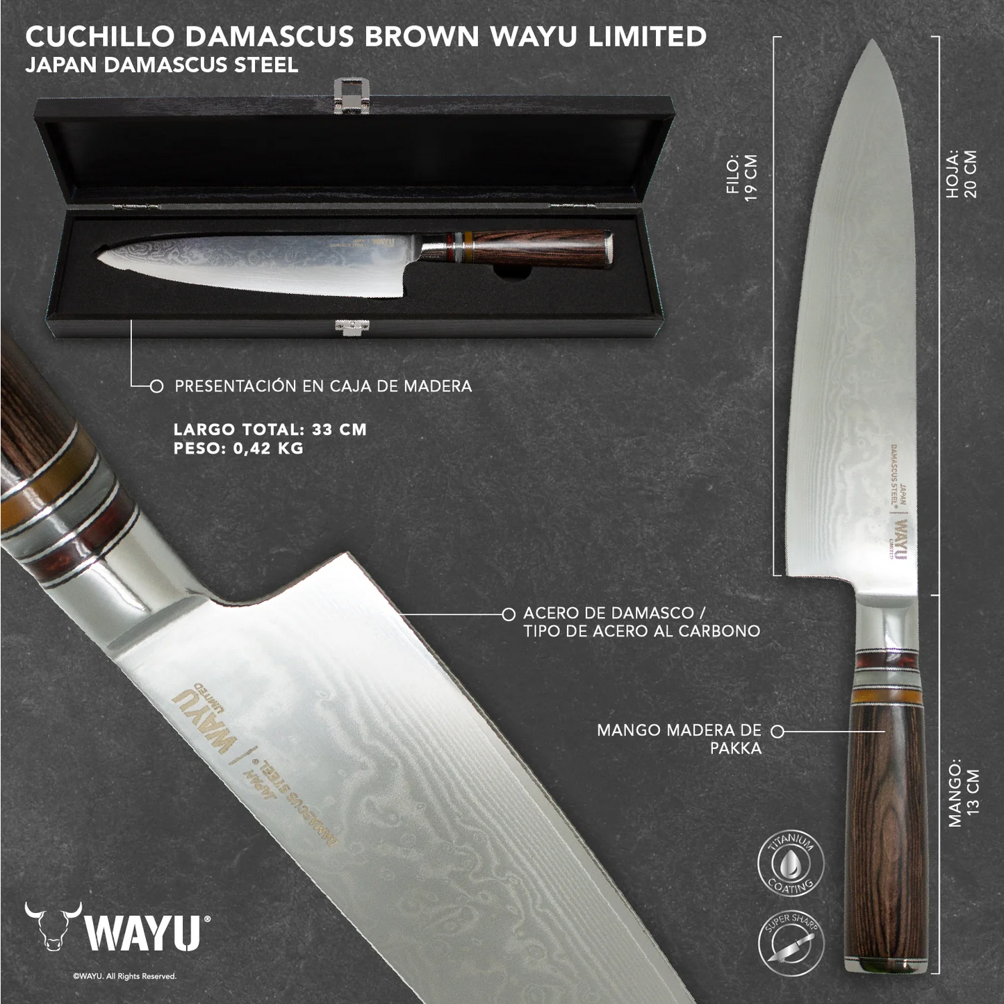 Cuchillo Damascus Brown Pakka Wayu Limited 🔪🔪